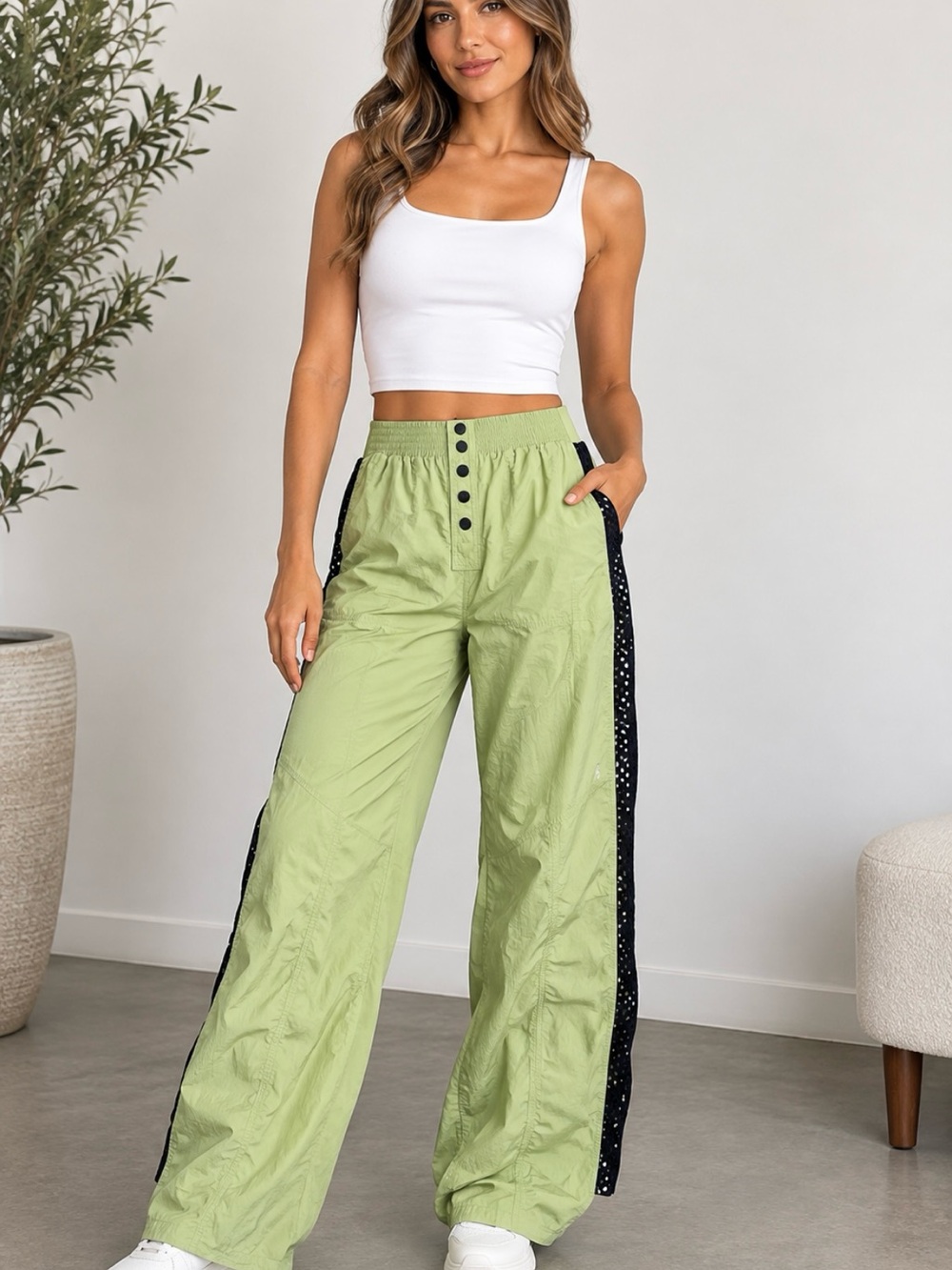 Free People Sage Green Wide-Leg Track Pants with Black Dot Side Stripes